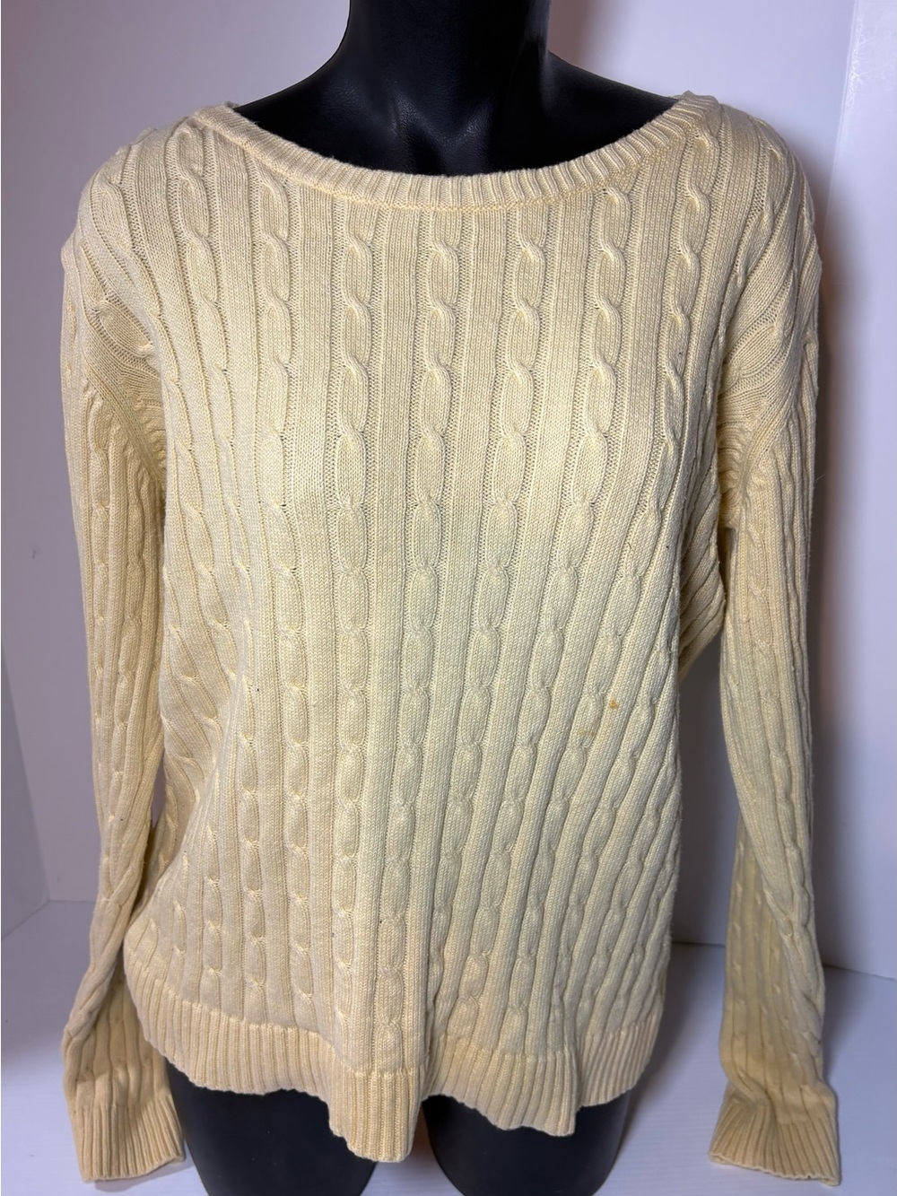 Vintage Eddie Bauer Cable-Knit Scoop Neck Sweater in Pale Yellow